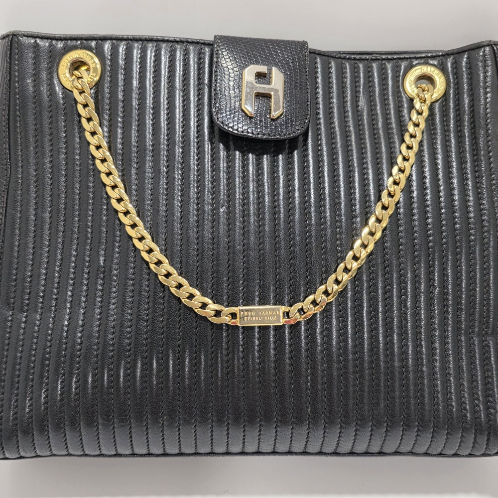 Fred Hayman Black Leather Quilted Shoulder Bag with Gold Chain